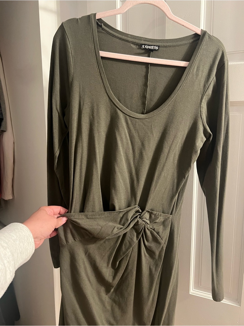 Express Olive Green Long Sleeve Mini Dress with Twist Front